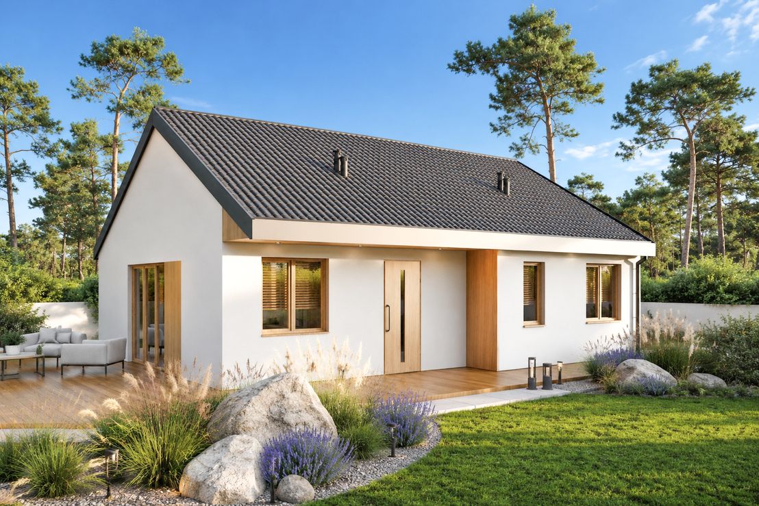Projekt gotowy Dom keramzytowy Fiore 76 - parterowy dom o powierzchni 75,95 m², dach dwuspadowy - ujęcie frontu