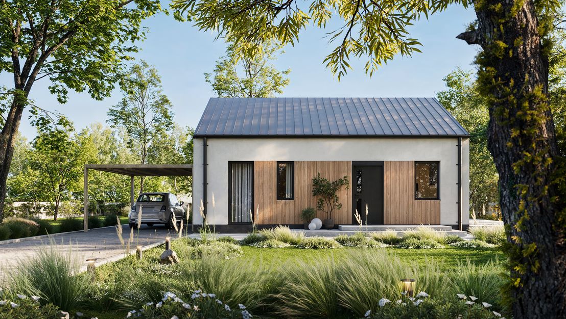 Projekt gotowy Dom modułowy Active - parterowy dom o powierzchni 58,78 m², dach dwuspadowy - ujęcie frontu