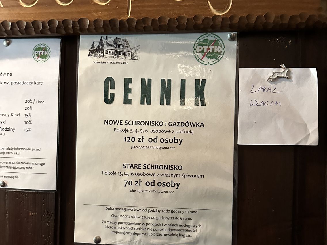 Cennik noclegów w schroniskach