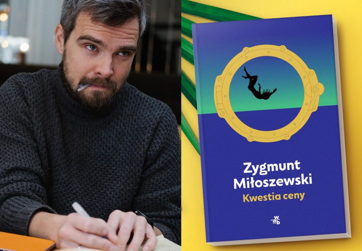 Zygmunt Miłoszewski i okładka jego książki &quot;Kwestia ceny&quot;