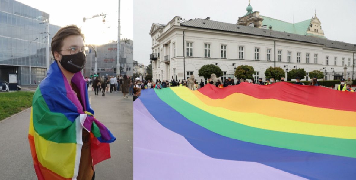 Po lewej: Michał, bohater tekstu. Po prawej: Protest przeciwko nienawiści wobec osób LGBT+