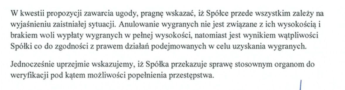 Jedno z pism, które przedstawiciele firmy bukmacherskiej skierowali do graczy