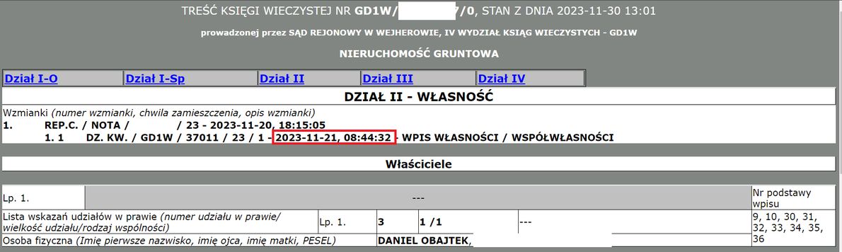 Fragment księgi wieczystej nieruchomości Daniela Obajtka.