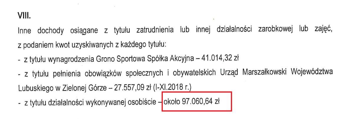 Fargment oświadczenia majątkowego Łukasza Mejzy z grudnia 2018 r. 