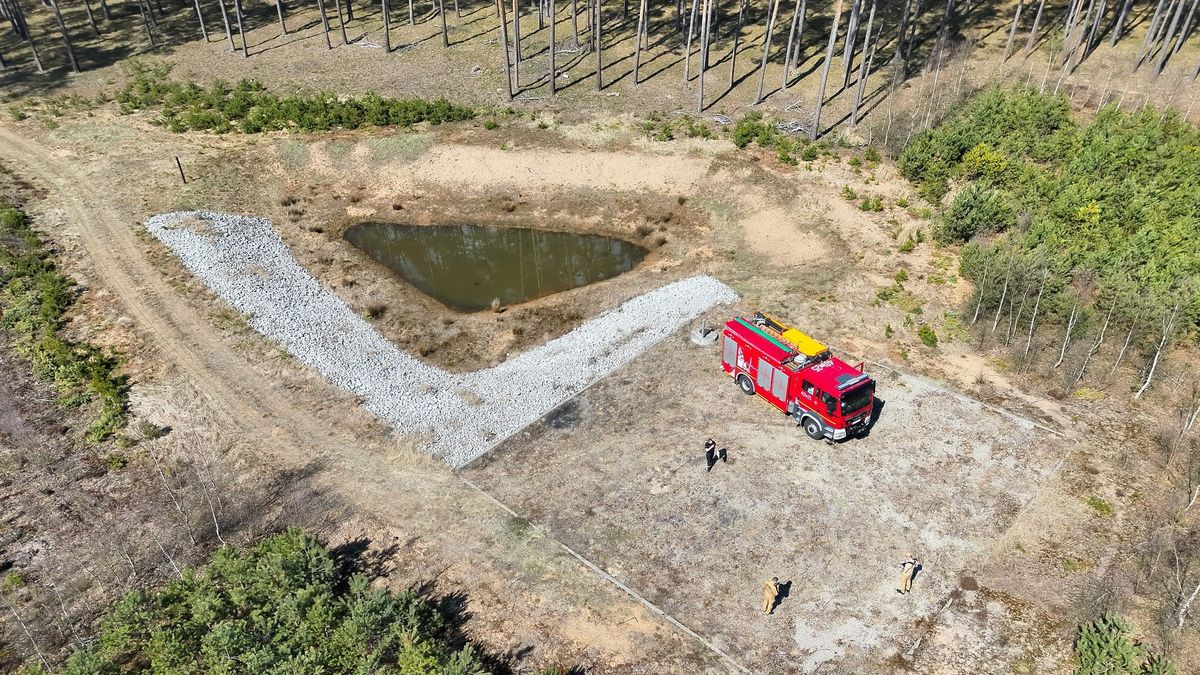 Samochód gaśniczy na leśnej drodze podczas rozpoznania