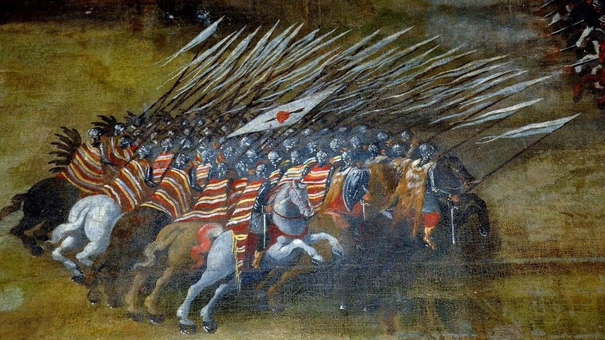 Atak polskiej husarii pod Kłuszynem 1610. Obraz Szymona Boguszowicza