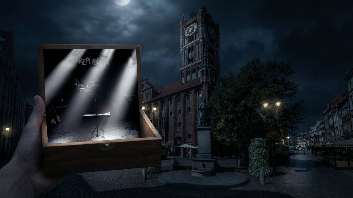 Grafika z Ratuszem Staromiejskim i sceną w kolorach Republiki