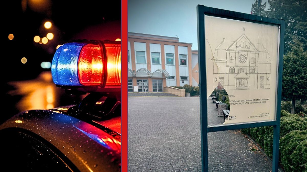 Zniszczona tablica przed WCK w Wałczu