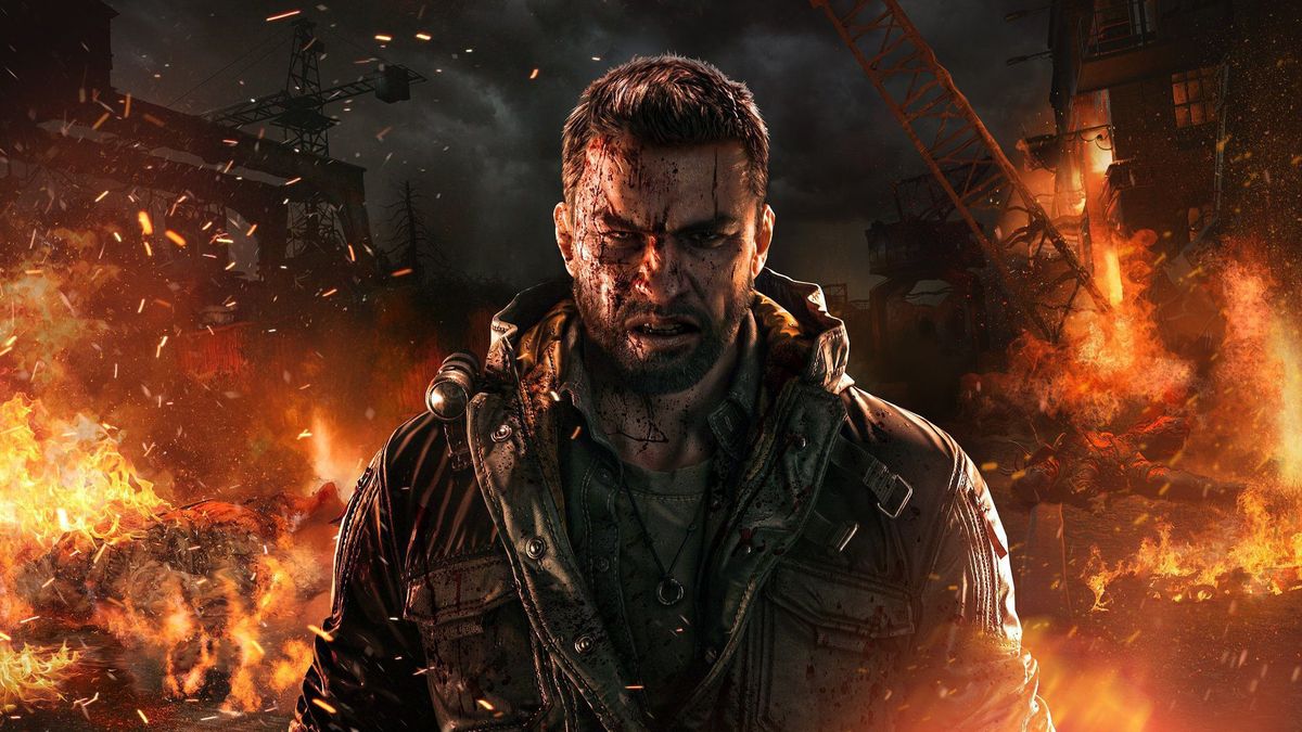 Dying Light: The Beast. Man with blood on his face, in front of burning buildings. Action game.