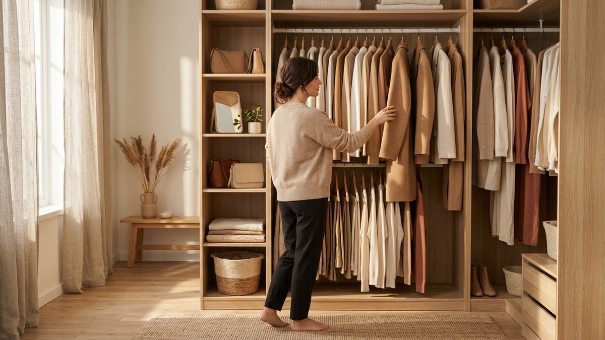 Kobieta przeglądająca ubrania w jasnej, nowoczesnej garderobie —