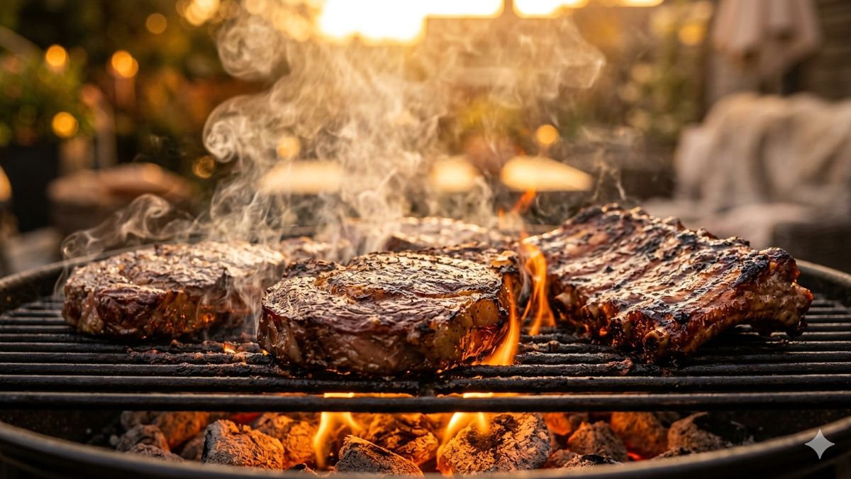 Soczyste steki i żeberka wieprzowe grillowane na węglu drzewnym 