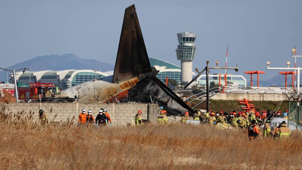 epa11796608 Firefighters carry out rescue operations at Muan International Airport in Muan, 288 kilometers southwest of Seoul, South Korea, 29 December 2024, after a passenger plane with 181 people aboard crashed. According to Yonhap New Agency, at least 28 people died after the Jeju Air passenger plane crashed during landing. The flight was inbound from Bangkok, Thailand.  EPA/YONHAP SOUTH KOREA OUT 
Dostawca: PAP/EPA.
YONHAP
trauma, people