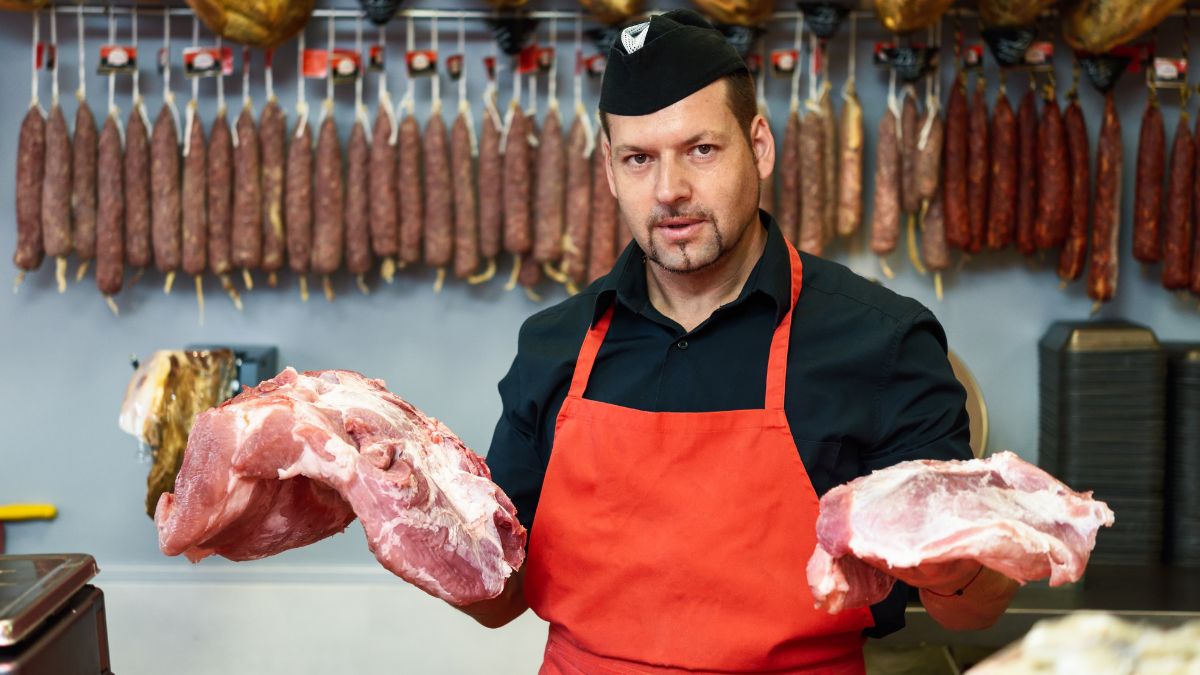 Sklep mięsny, sprzedawca, rzeźnik, mięso