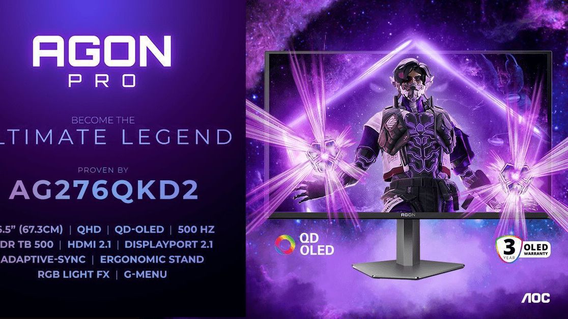 AGON PRO AG276QKD2 QD-OLED gaming monitor. 26.5 QHD, 500 Hz refresh rate, HDR, HDMI 2.1, DisplayPort 2.1, Adaptive-Sync.
