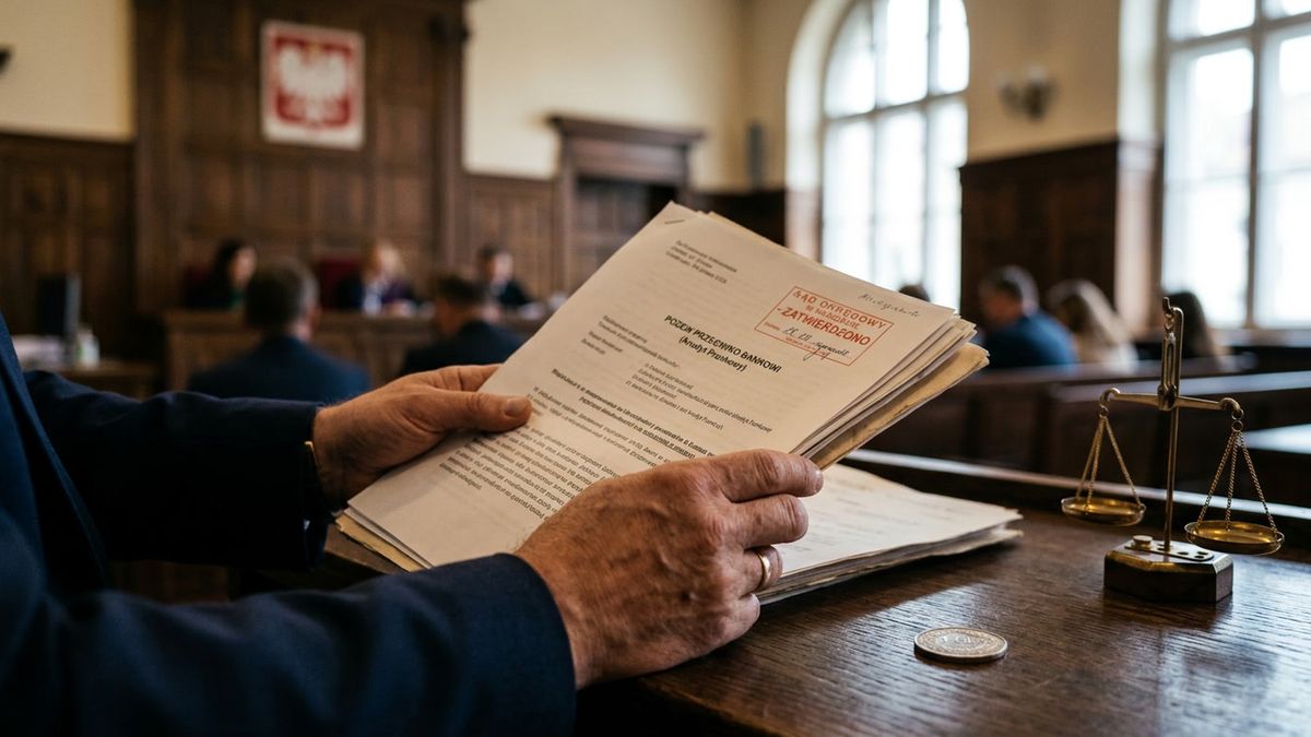 Dłonie trzymające dokument sądowy z pieczęcią, frank szwajcarski