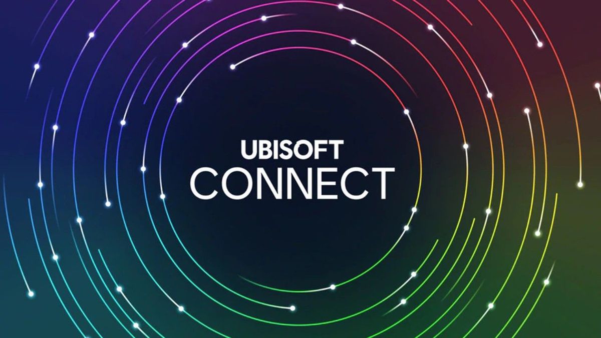 Obraz przedstawia logo Ubisoft Connect z białym tekstem wyśrodkowanym na ciemnym tle, z kolorowymi, promieniującymi, koncentrycznymi liniami i małymi kropkami tworzącymi okrągły wzór - podkreślając jego połączenie z Uplay i kompatybilność z Steam Deck.