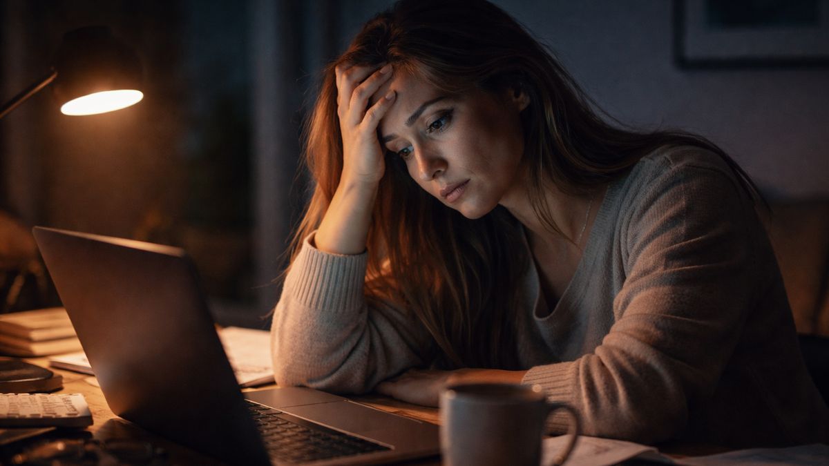 Zmęczona kobieta w wieku 30 lat pracująca nocą przy laptopie w d