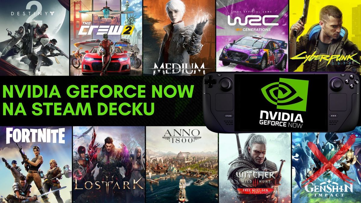 Kolaż popularnych okładek gier wideo, w tym Destiny 2, The Crew 2, Cyberpunk 2077, Fortnite i innych, z tekstem NVIDIA GEFORCE NOW NA STEAM DECK w kolorze zielonym pośrodku.
