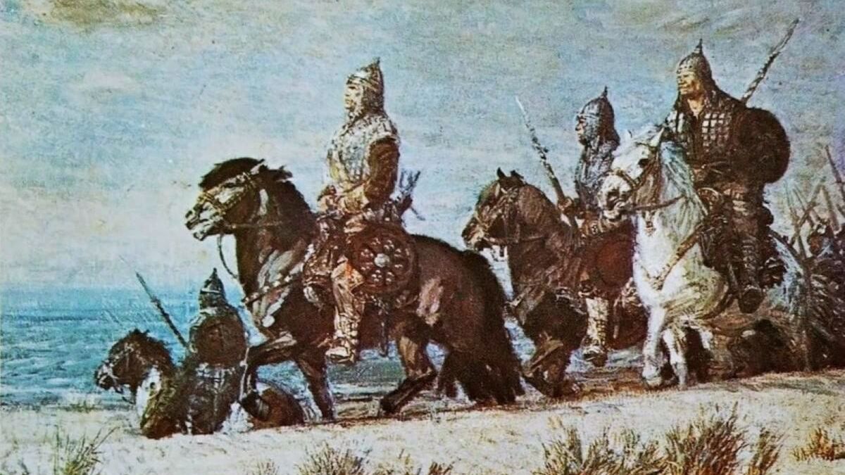 Drużyna Bolesława Chrobrego. Pocztówka z 1931 roku na podstawie obrazu Michała Byliny