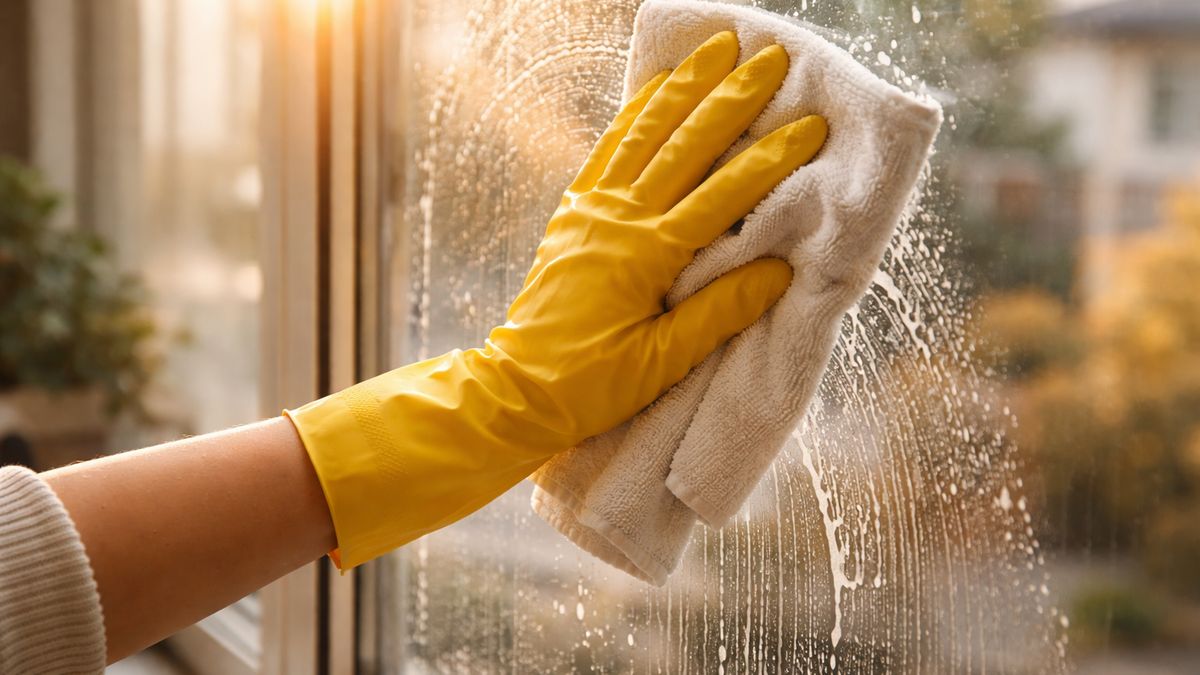 mycie okien ściereczką z mikrofibry, zacieki na szybie po myciu,