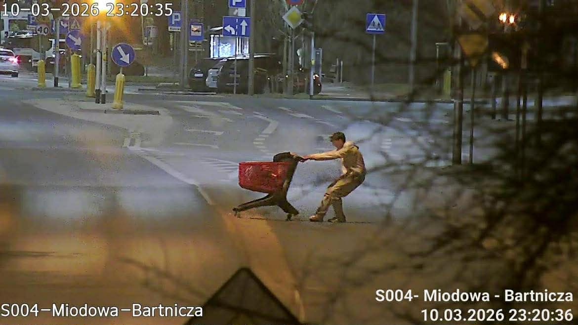 Nocna "przejażdżka" wózkiem sklepowym środkiem ulicy. Interweniował monitoring miejski!