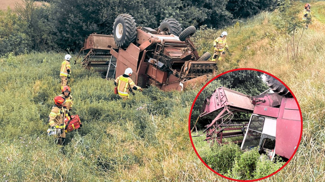 Kombajn zjechał ze skarpy i dachował