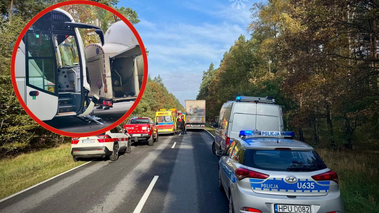 Wypadek na DK10! Autokar z 41 uczniami zderzył się z ciężarówką – na szczęście nikt nie ucierpiał