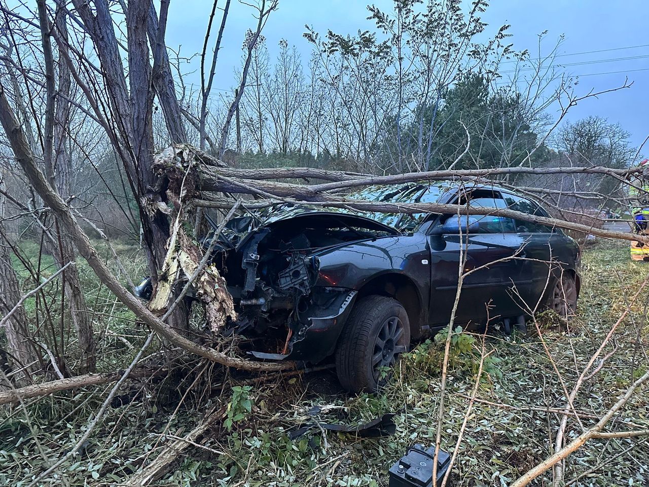 Niebezpieczne wyprzedzanie w Nadolniku. Auto uderzyło w drzewo