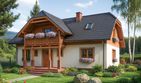 Projekt domu L-31 Dom litewska - szkieletowy - parterowy z poddaszem dom o powierzchni 155,50 m², dach naczółkowy, koszt budowy 373 200 zł - ujęcie frontu