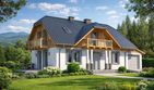 Projekt domu L-34 Dom żwirowa - murowany - parterowy z poddaszem dom o powierzchni 102,10 m², dach naczółkowy, koszt budowy 276 000 zł - ujęcie frontu