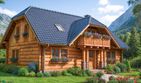 Projekt domu L-72 Dom wiosenna z bali - parterowy z poddaszem dom o powierzchni 133,70 m², dach naczółkowy, koszt budowy 374 360 zł - ujęcie frontu