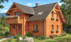 Projekt domu L-73 Dom wierzbowa - z bali - parterowy z poddaszem dom o powierzchni 122,80 m², dach dwuspadowy, koszt budowy 343 840 zł - ujęcie frontu