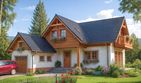 Projekt domu L-77 Dom grzybowa - szkieletowy - parterowy z poddaszem dom o powierzchni 125,30 m², dach wielospadowy, koszt budowy 346 080 zł - ujęcie frontu