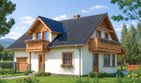 Projekt domu L-90 Dom irysowa - szkieletowy - parterowy z poddaszem dom o powierzchni 132,30 m², dach dwuspadowy, koszt budowy 360 240 zł - ujęcie frontu