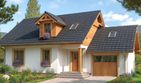 Projekt domu A-103 Dom jastrzębia - szkieletowy - parterowy z poddaszem dom o powierzchni 116,10 m², dach dwuspadowy, koszt budowy 336 000 zł - ujęcie frontu