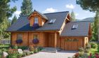 Projekt domu A-103 Dom jastrzębia - z bali - parterowy z poddaszem dom o powierzchni 113,70 m², dach dwuspadowy, koszt budowy 379 960 zł - ujęcie frontu