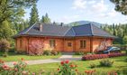 Projekt domu A-113 Dom olchowa - z bali - parterowy dom o powierzchni 99,80 m², dach czterospadowy, koszt budowy 279 440 zł - ujęcie frontu