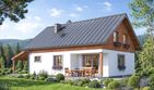 Projekt domu A-135 Dom zajęcza - szkieletowy - parterowy z poddaszem dom o powierzchni 153,90 m², dach dwuspadowy, koszt budowy 424 320 zł - ujęcie frontu