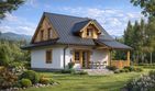 Projekt domu A-136 Dom zachodnia - szkieletowy - parterowy z poddaszem dom o powierzchni 59 m², dach dwuspadowy, koszt budowy 141 600 zł - ujęcie frontu