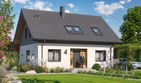 Projekt domu Amor - parterowy z poddaszem dom o powierzchni 117,31 m², dach dwuspadowy, koszt budowy 302 000 zł - ujęcie frontu