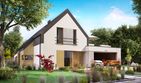 Projekt domu KA57 - parterowy z poddaszem dom o powierzchni 216,14 m², dach dwuspadowy, koszt budowy 548 000 zł - ujęcie frontu