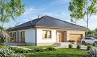 Projekt domu Kalwados - parterowy dom o powierzchni 130 m², dach kopertowy, koszt budowy 442 000 zł - ujęcie frontu