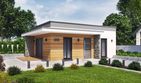 Projekt domu letniskowego Lens dom letniskowy - parterowy dom o powierzchni 42,97 m², dach dwuspadowy, koszt budowy 94 602 zł - ujęcie frontu