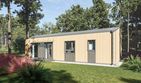 Projekt domu DM2 wersja drewniana - parterowy dom o powierzchni 55,98 m², dach dwuspadowy - ujęcie frontu