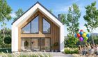 Projekt domu Lungo 4 mini modern - parterowy z poddaszem dom o powierzchni 84,64 m², dach dwuspadowy, koszt budowy 245 000 zł - ujęcie frontu