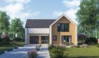 Projekt domu D444 wersja drewniana - parterowy z poddaszem dom o powierzchni 160,11 m², dach dwuspadowy - ujęcie frontu