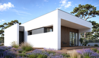 Projekt domu N-110 - parterowy dom o powierzchni 107,26 m², dach płaski, koszt budowy 307 000 zł - ujęcie frontu