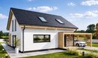 Projekt domu D2S-85 - parterowy z poddaszem dom o powierzchni 84,50 m², dach dwuspadowy, koszt budowy 236 000 zł - ujęcie frontu