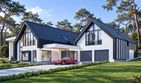 Projekt domu LK&1460 - parterowy z poddaszem dom o powierzchni 423,75 m², dach wielospadowy, koszt budowy 1 379 000 zł - ujęcie frontu