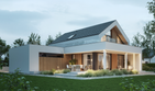 Projekt domu NewHouse 749 w1 G2 - parterowy z poddaszem dom o powierzchni 99,77 m², dach dwuspadowy, koszt budowy 314 000 zł - ujęcie frontu
